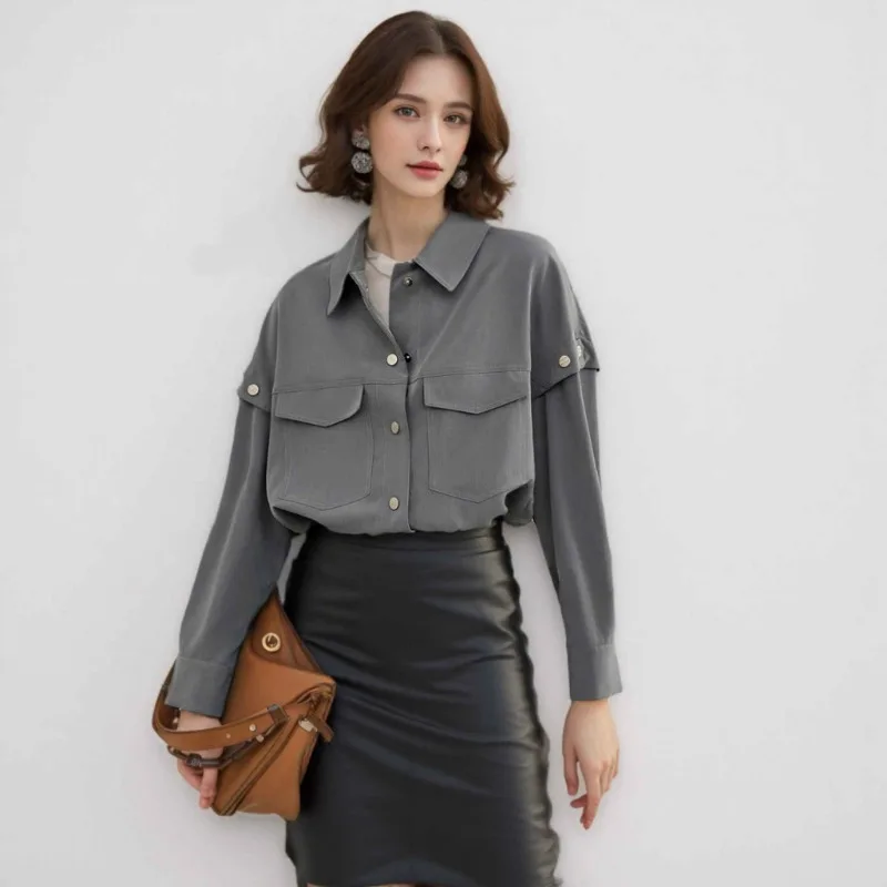 

Light Luxury French Lapel Shirt for Women Spring New Style Splicing Pocket Fashion Casual Long-sleeved Top