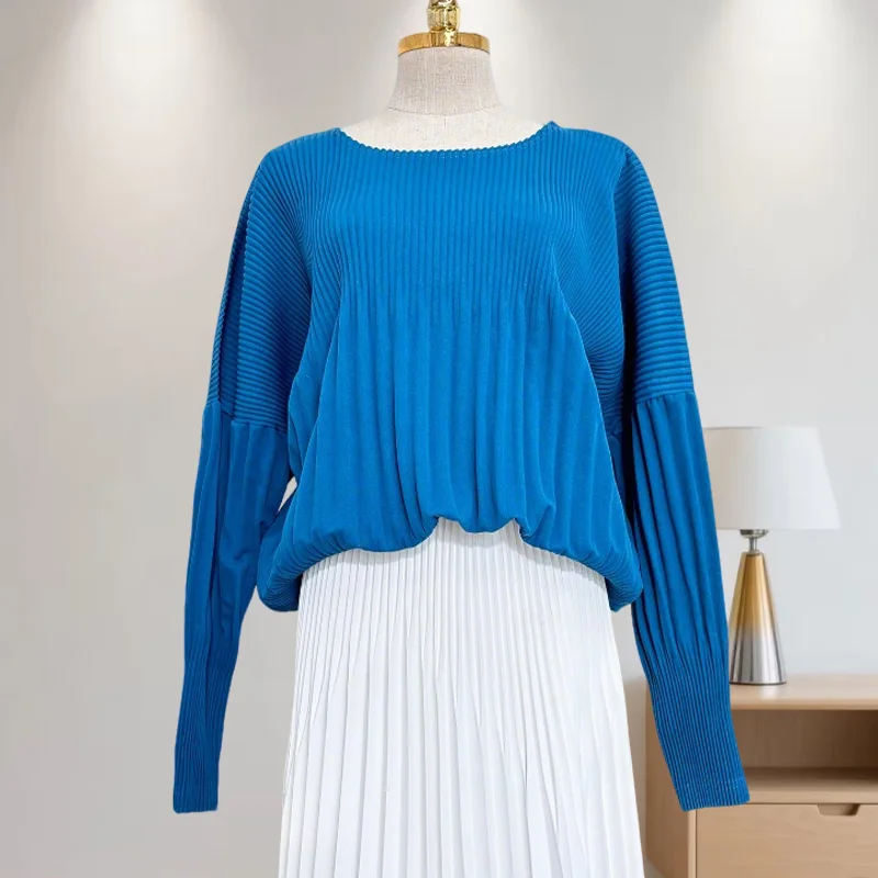 

Miyake осенние плиссированные топы женский пуловер с длинными рукавами и круглым вырезом простая повседневная свободная эластичная футболка нижняя рубашка японская