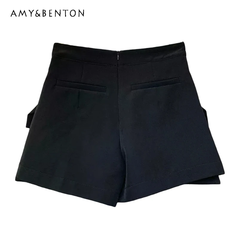 Japanese Sweet Cute Bow Black Slim Women Shorts Autumn Commute Style All-Match Casual High Waist A-line Wide Leg Shorts Skirts