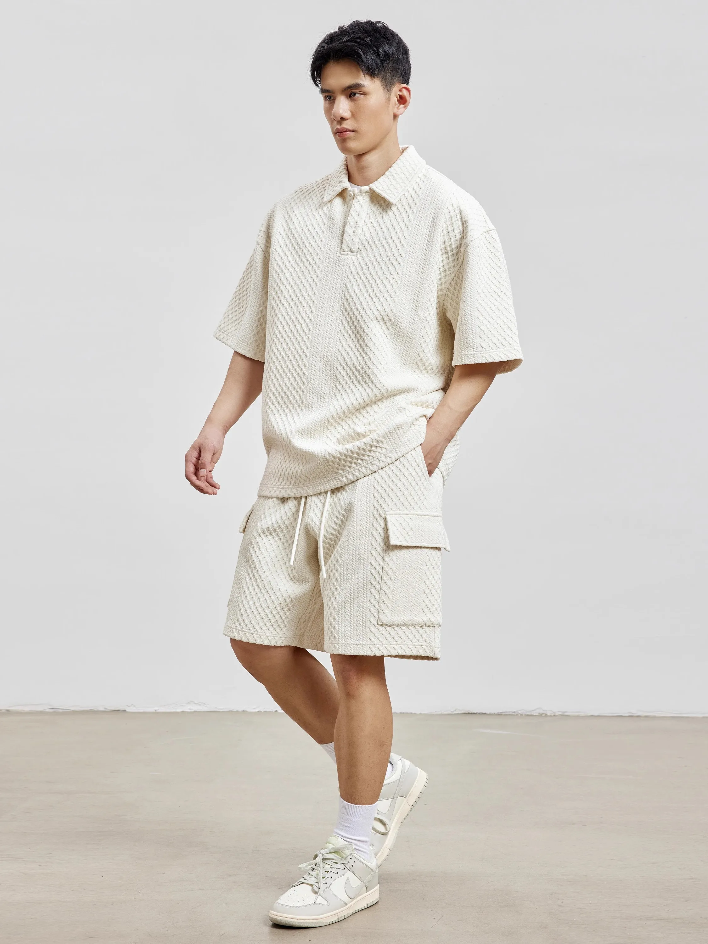 

Summer Texture ort Sve Men's irt Loose Fit Heavyweight Collared T-irt Diamond Pattern Casual Sportswear