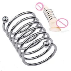 BDSM Male Delay Ejaculation Stainless Steel Penis Dildo Ring Spiral Cock Rings Spring Extended Dick Cage Slave Sex Toys for Men