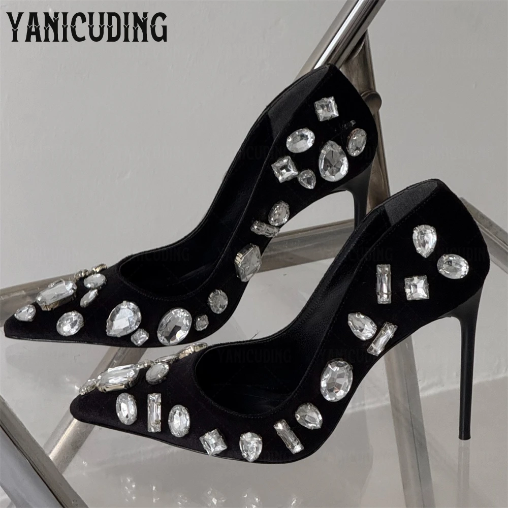 

Handmade Irregular Crystal Pumps Luxury Pointed Toe Stilettos Designer Style Crystal High Heels Elegant Satin Pumps for Women