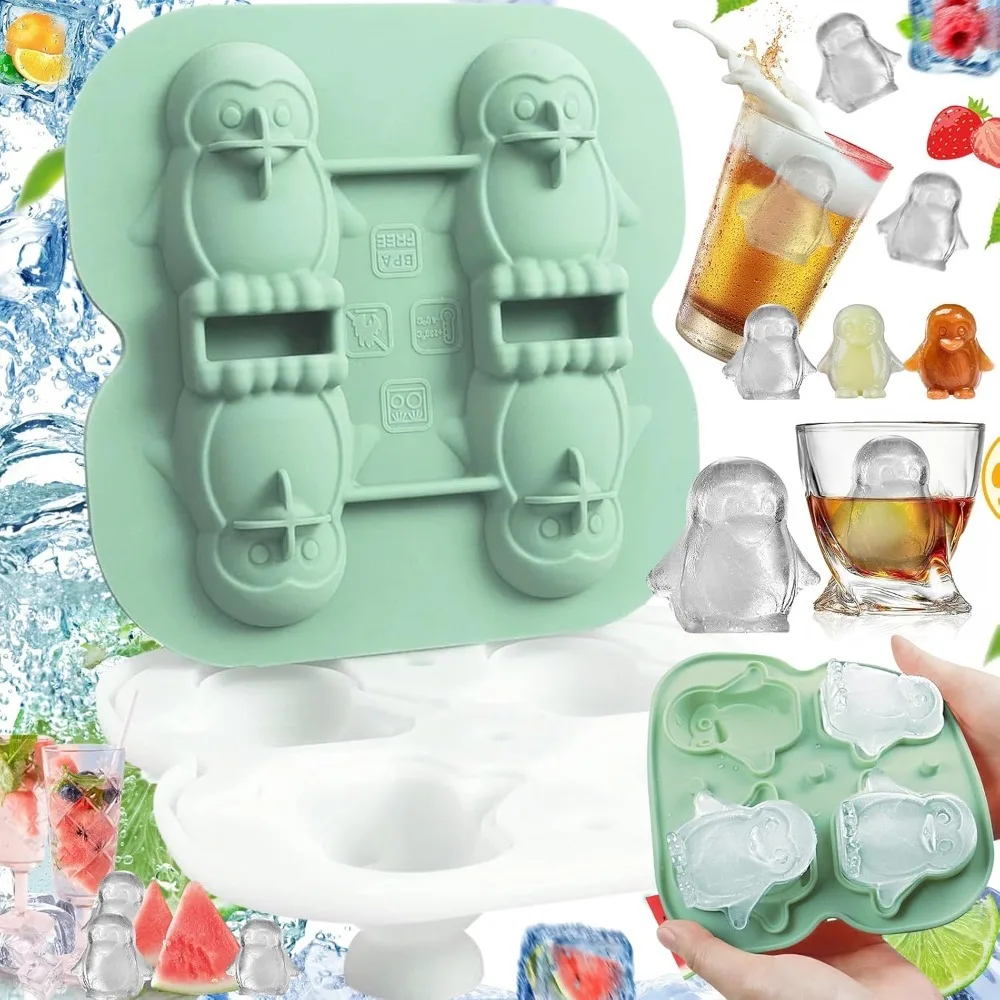 Molde para cubitos de hielo de pingüino, molde para hielo de whisky de silicona grande y grueso de 2,2 pulgadas, forma divertida adecuada para cócteles Bourbon, bandeja para cubitos de hielo