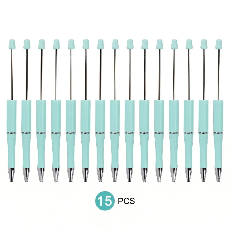 15Pcs Blue DIY Bead Pen Set, Refillable Black Ink Ballpoint Pen, Jewelry Making Craft Gift Pen, 1.0mm Ink No Beads