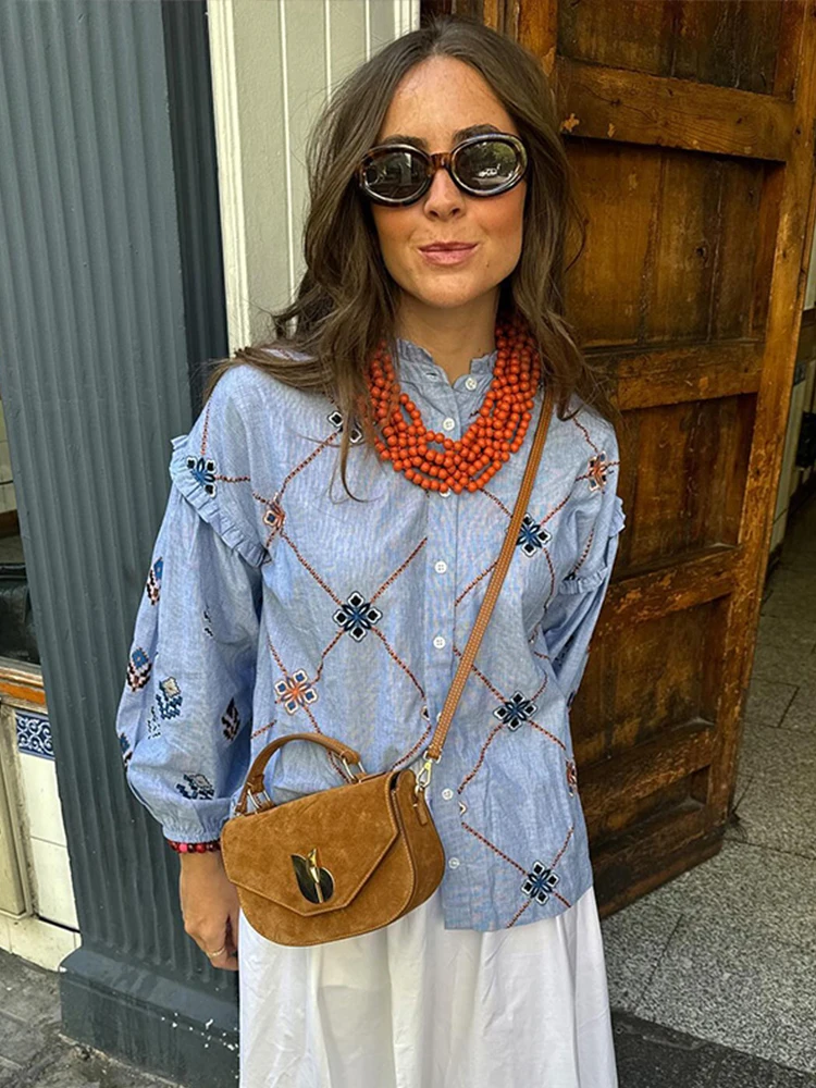 Printed Women Blouse O-neck Lantern Sleeve Single Breasted Pleated Loose Female Shirt 2024 Spring Autumn New Fashion Lady Shirts