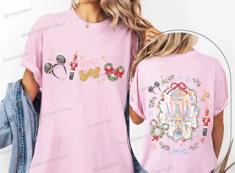 Camiseta Vintage con estampado de Castillo de orejas de Mickey para mujer, camisetas de algodón de manga corta con cuello redondo, camisetas estéticas con lazo de coqueta de Mickey para mujer