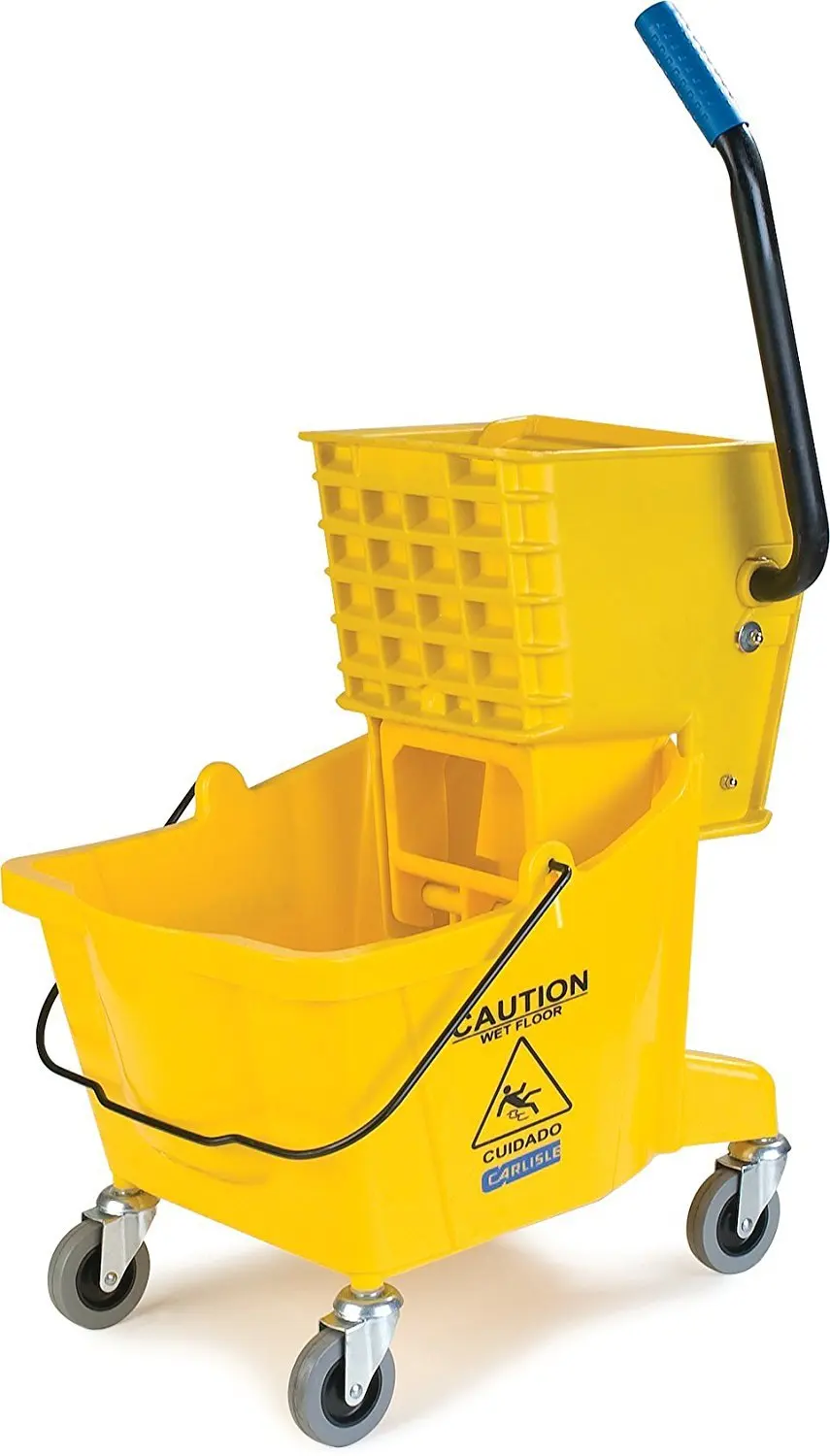 Cubo de fregado comercial de 26 cuartos con escurridor de presión lateral, polipropileno duradero, ruedas que no dejan marcas, amarillo