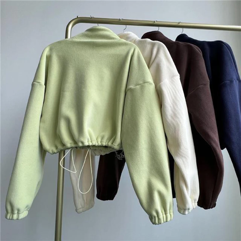 Streetwear Zipper Up Cropped Sweatshirt Women Autumn Casual Long Sleeve Lambs Wool Jacket Woman Drawstring Stand Collar Coats