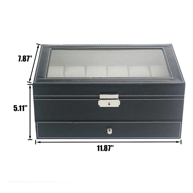 12 Slot Lockable Watch Storage Boxes Jewelry Display Drawer Case 2-Tier Organizer Watch Showcase with Glass