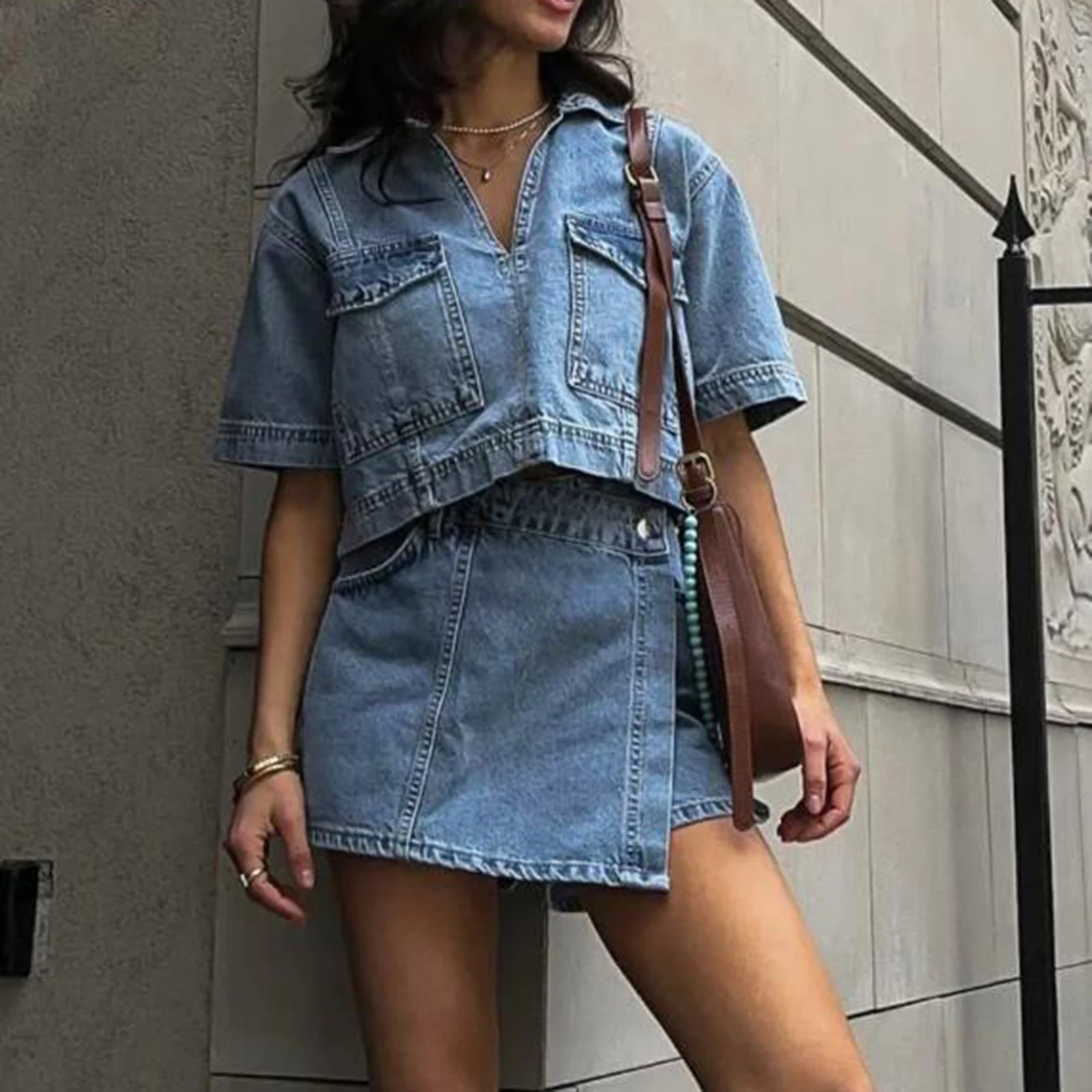 hirigin Chic Women Denim 2 Piece Set V Neck Short Sleeve Jean Tunic Tops Irregular Hem Mini Skirt Shorts Set Y2K Streetwear