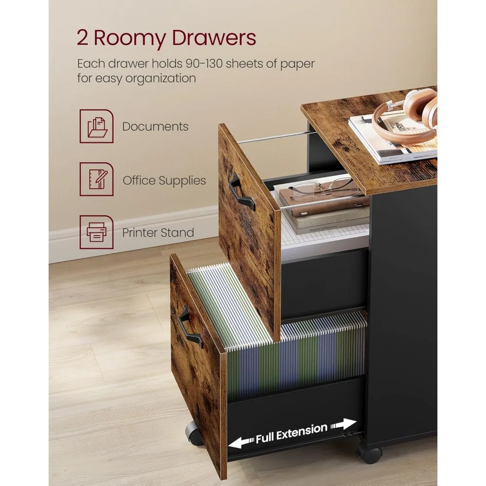 Archivador rodante de 2 cajones para oficina en casa, soporte para impresora, documentos tamaño carta A4, marrón rústico negro