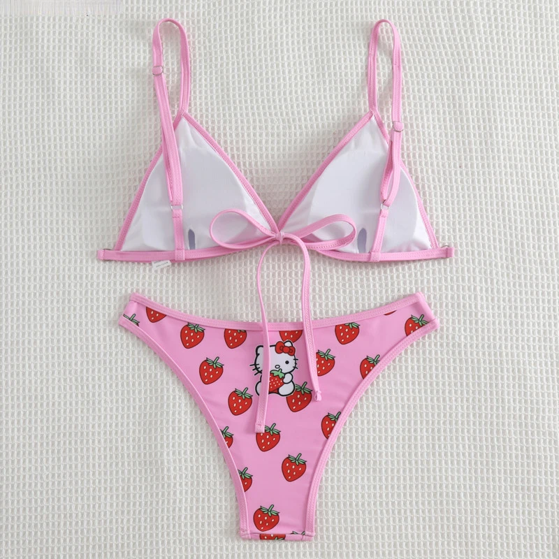 Słodka różowa wąska nadruk Hello Kitty kostium kąpielowy dla kobiet Y2k Sanrio Slim Cover Up dwuczęściowy zestaw bikini