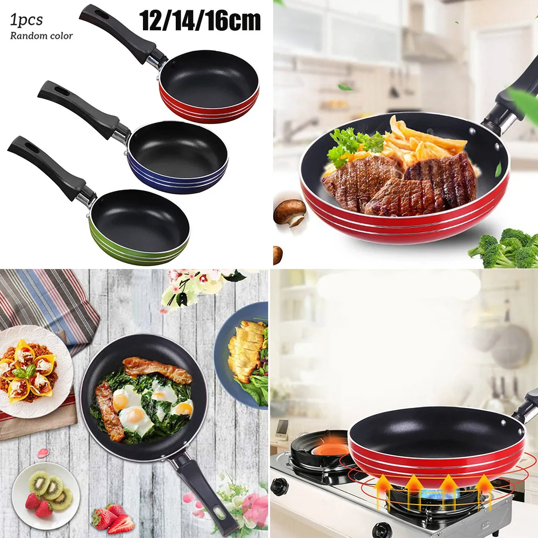 12/14/16/18cm Frying Pan Non-Stick Stainless Steel Frypan Pot Saucepan Steak Cooking Pan Random Color Cookware Kitchen Supplies