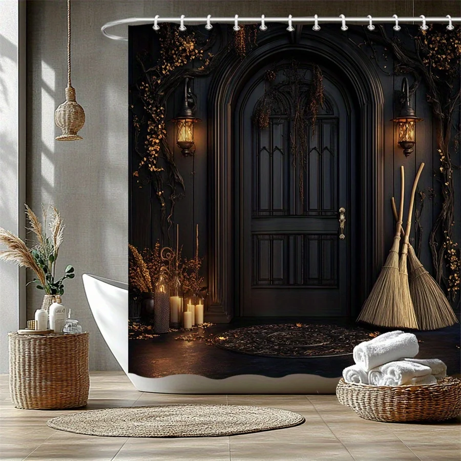 1pc Gothic Shower Curtain - Dark Gothic Door with Lanterns, Broomsticks & Cobwebs Design, Spooky Ambiance Bathroom Decor, 70.86x
