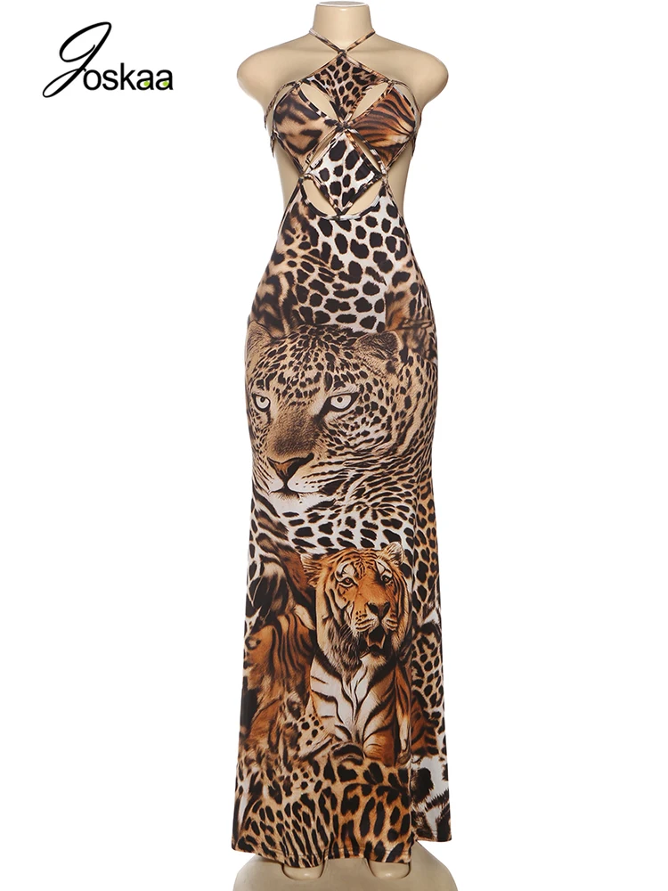 Yomesugar 2025 Fall Women's Tiger Print Halter Bodycon Dress Sexy Hollow Backless Bandage Skinny Midnight Prom Party Clubwear
