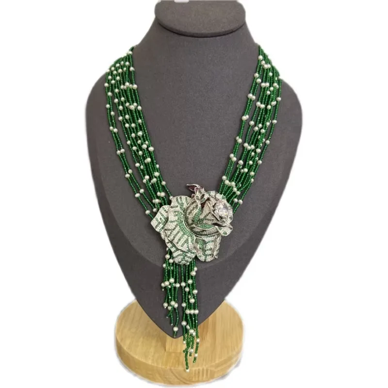 10 Rows Natural Cultured White Pearl Green Jades  Flower CZ Connector Necklace