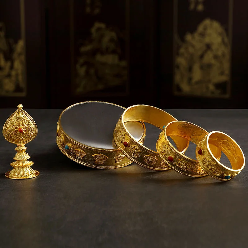 4 Layer Buddhist Manza Plate Tantric Alloy Handicraft Auspicious Tibetan Tribute Gilt Buddhism Tray Home Gift Indoor Decorative
