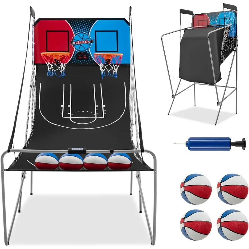 

GYMAX Arcade Basketball Game Indoor Foldable with 8 Game Modes, Arcade Sound, 4 Balls and Inflation Pump, Electronic