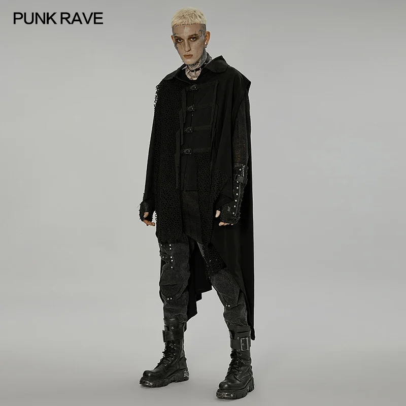 PUNK RAVE Men's Dark Sweatshirt Vest Irregular Gauze Decorations Gothic Daily Webbing Loose Casual Waistcoat Four Seasons