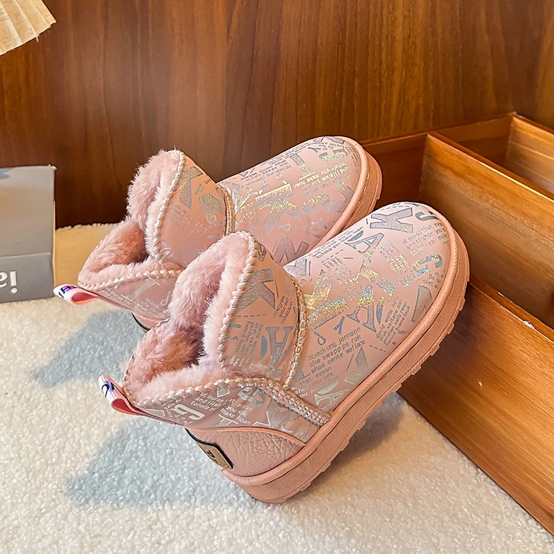 2025 Winter Waterproof Warm Rubber Sole Plush Children Ankle Boots Snow Boots Slip-on Cotton Trendy Furry Pu Casual kids Shoes