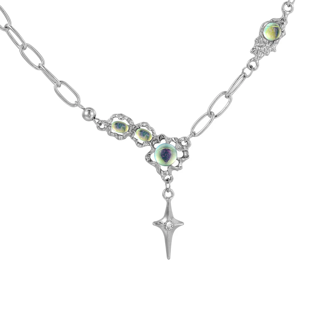 Crystal Opal Pendant Liquid Metal Necklace for Women Clavicle Chain Geometric Irregular Vintage Choker Y2K Jewelry Accessories