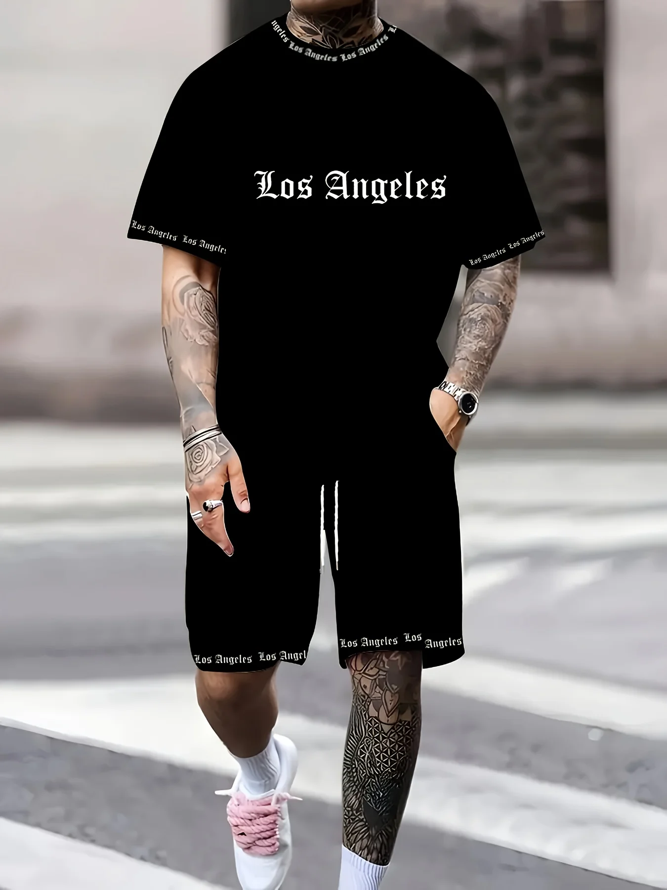

Los Angeles Casual Streetwear for Men Summer Men's T-Shirt and Shorts Set Plus Size Breathable Quick-Dry Athletic Set