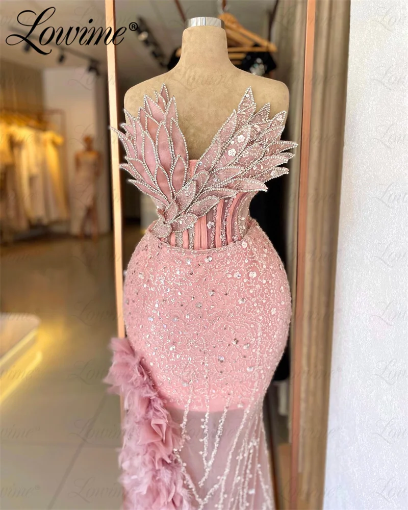 Abendkleider Pink Purple Feathers Evening Dresses Sequins Sparkly Crystal Long Wedding Party Dress Vestidos De Noche Prom Gowns
