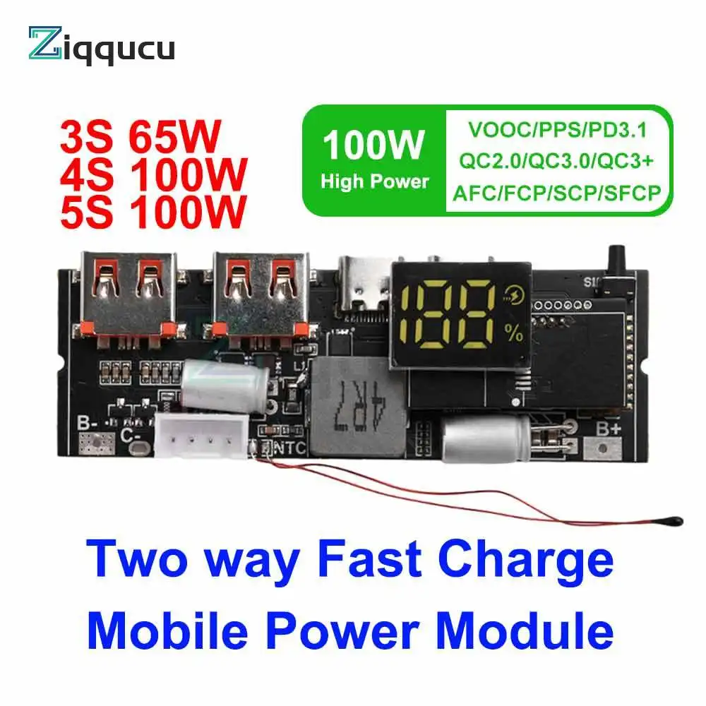 

3S 4S 5S 65W 100W Power Bank Double C Port Two way Fast Charge Mobile Power Module 18650 Charging Temperature Protection