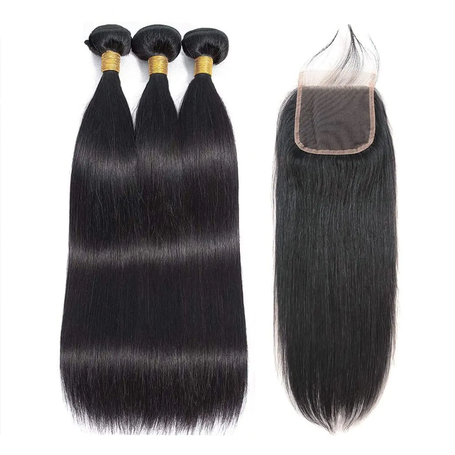 Bundel Lurus Rambut Manusia dengan Penutup 22 24 26 & 18 Inci 10A Bundel Rambut Manusia dengan Ekstensi Penutupan 4×4 Warna Alami