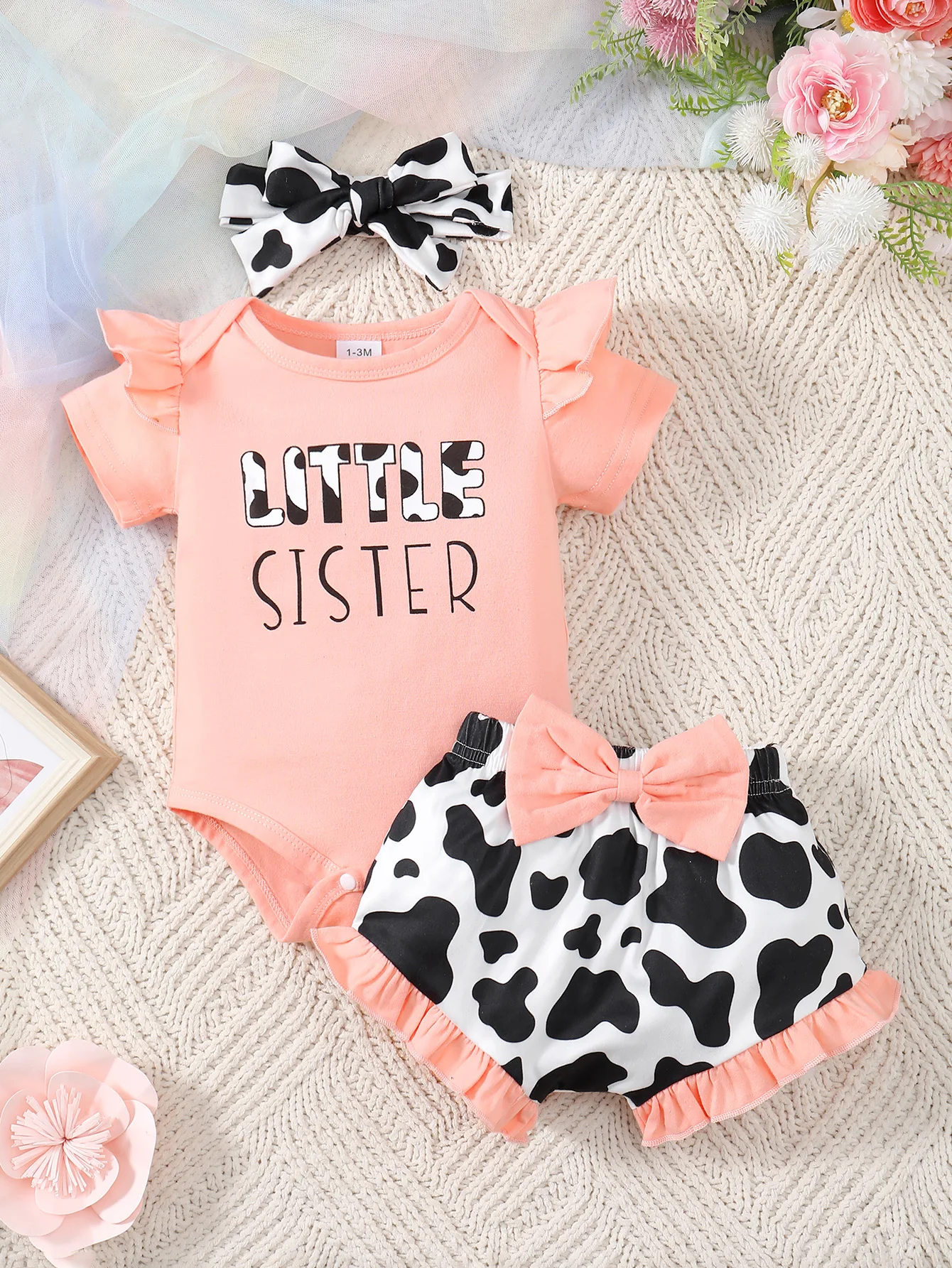 0-2 Year Old Baby Summer Bow Casual Set With Letter Printed Short Sleeved Cotton Round Neck Digital Printed Baby Clothes