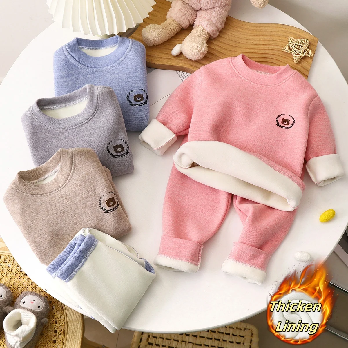 

1-8Y Kids Thermal Pajamas Set Fleece Lined Cute Bear Print 2-Piece Toddler Winter New Warm Children Clothes