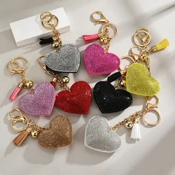 Colourful Heart Full Rhinestone Keychain PU Leather Tassel Keyring for Women Car Key Holder Valentine's Day Gift