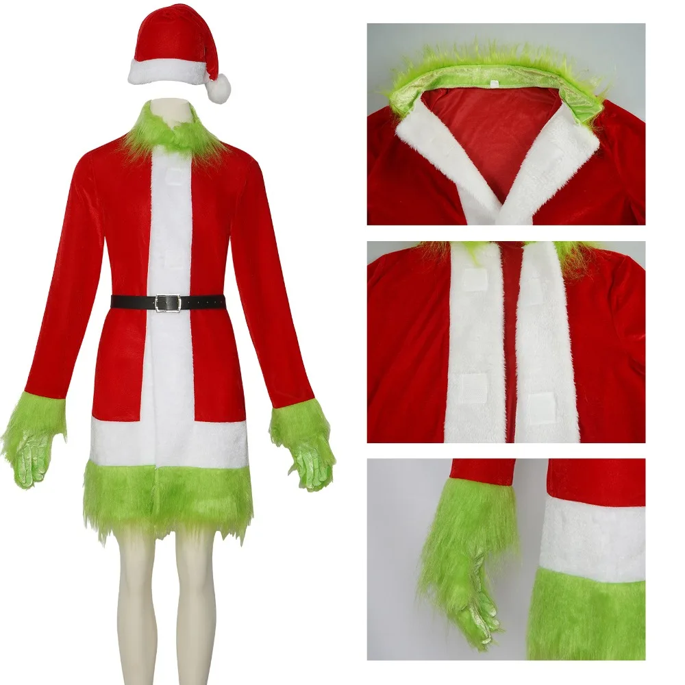 

Костюм зеленого монстра для женщин, рождественское платье Санта-Клауса для косплея, рождественский костюм эльфа, праздничный наряд с поясом, карнавальное платье