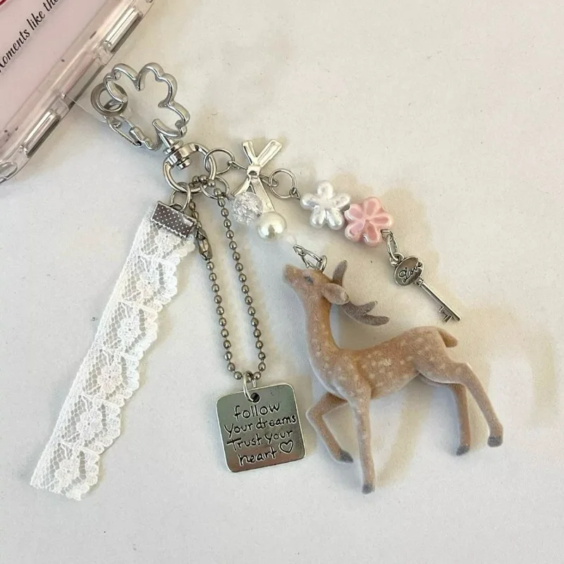 1/2Pcs Ins Sika Deer Keychains Women Men Kawaii Flocked Sika Deer Pendant Bag Earphone Box Car Charm Keyrings Handmade Jewelry