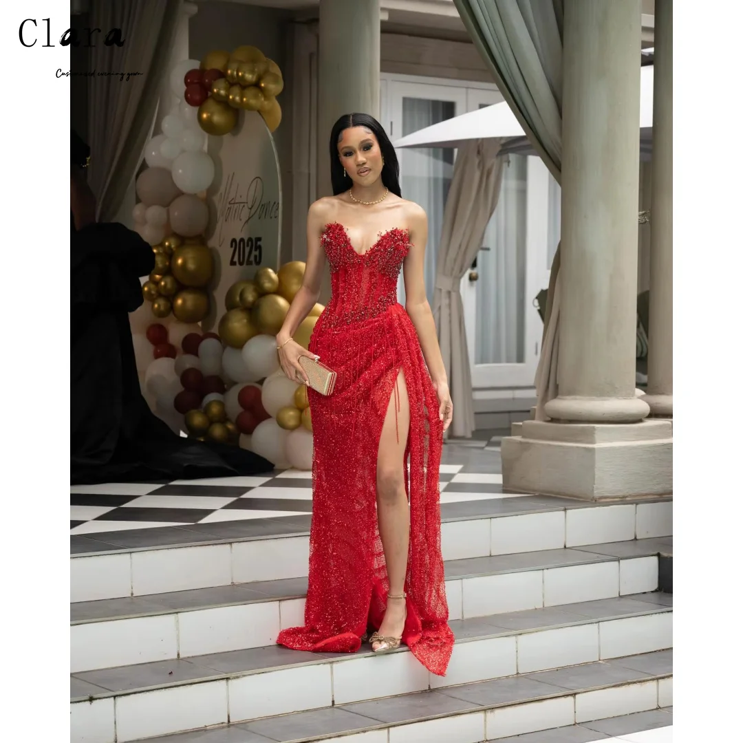 

Clara Custom Red Sequins Diagonal Slit Off the Shoulder Luxury Women's Evening Dresses Elegant Women's Dresses for Wedding Party