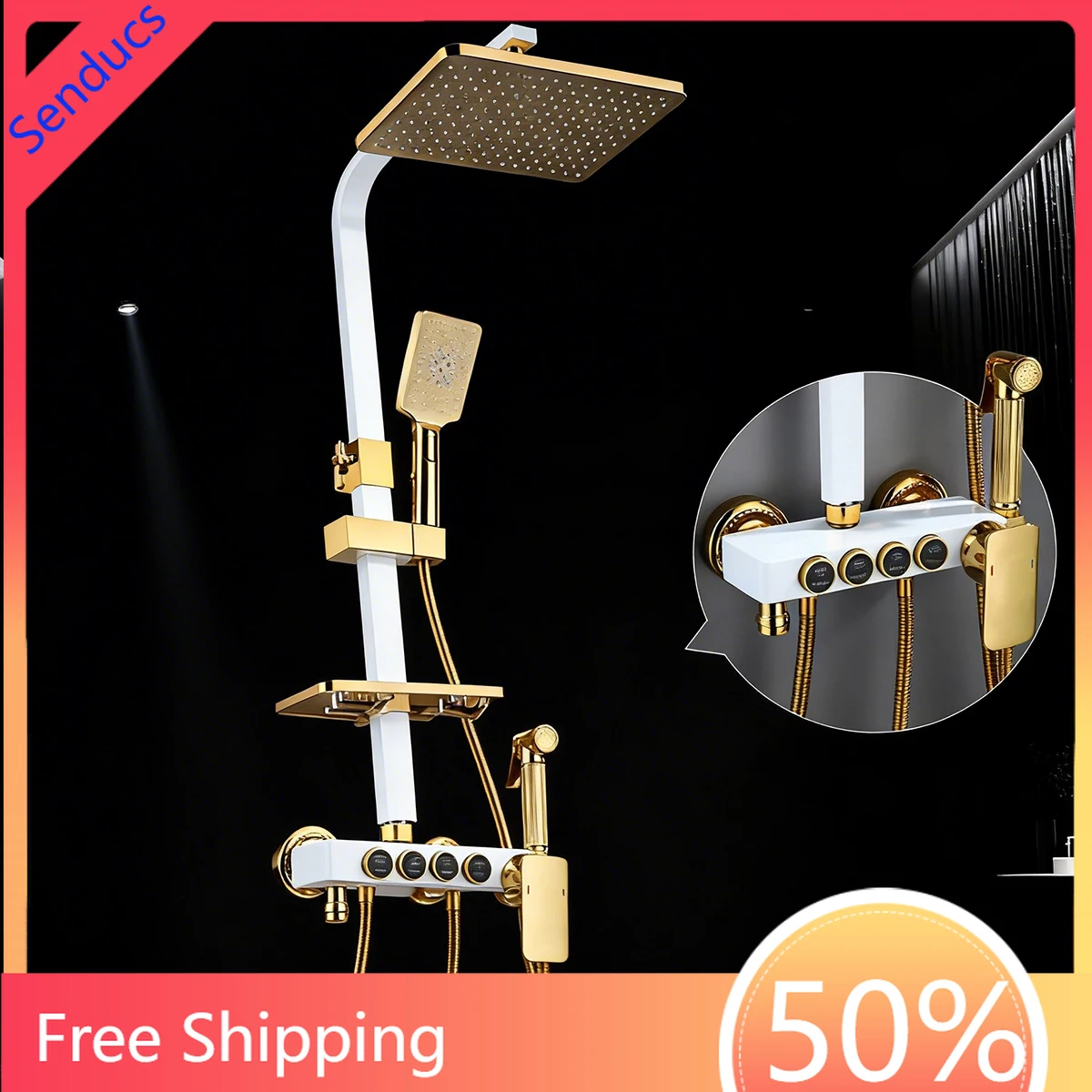 White Gold Bathroom Shower System 12 Inch Rain Shower Head Brass Hot Cold Bathroom Faucets Thermostatic Bathroom Shower Set