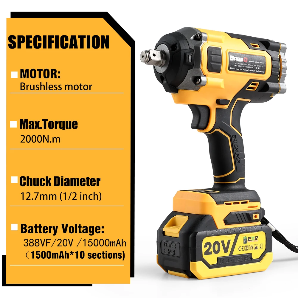 BABEQ 2000N.m bezszczotkowy elektryczny klucz udarowy 1/2 cala śrubokręt akumulatorowy klucz elektryczny elektronarzędzia do akumulatora Makita 18V
