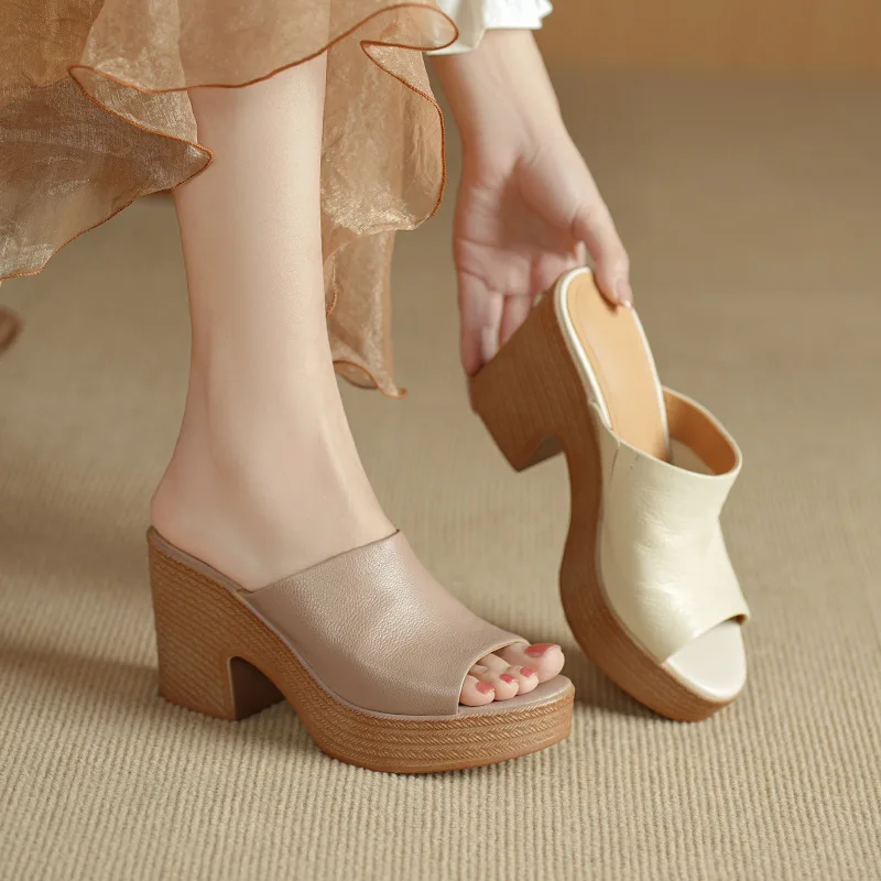 Round Head Platform Shoes Summer Leather Heel High Heel Slippers Women