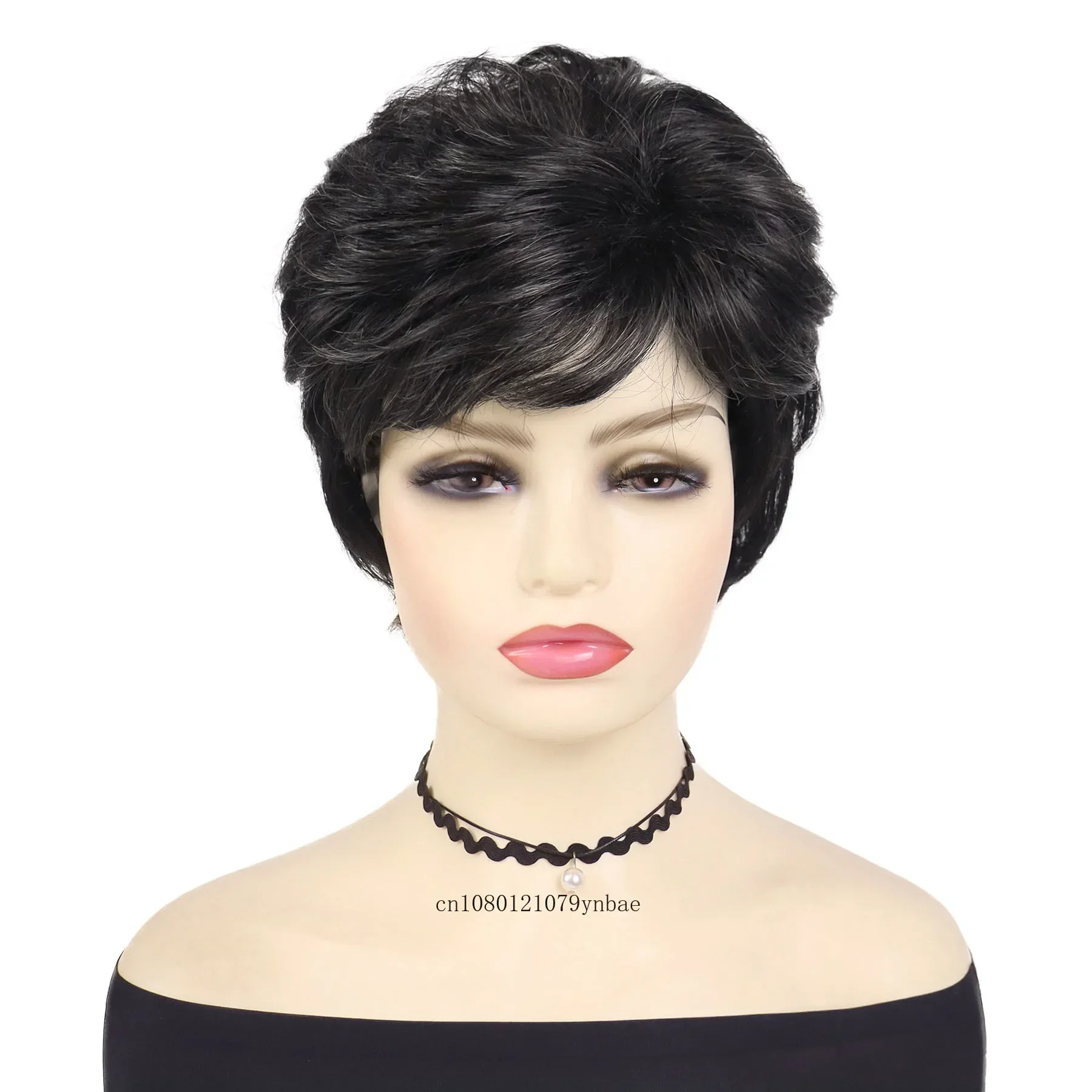 Synthetic Pixie Cut Wig for Women Old Lady Short Natural Black Layered Curly Wigs with Bangs Daily Party Costume Heat Resistant