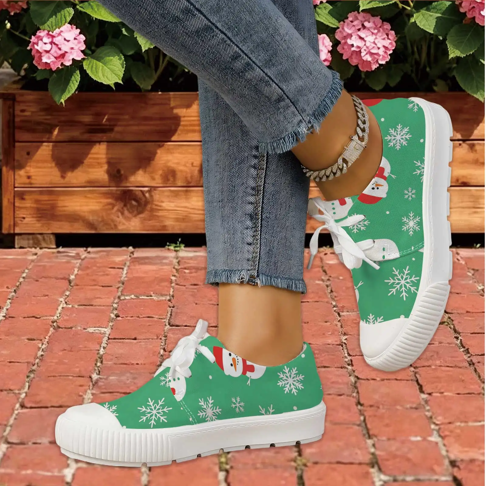 Women Christmas Snowman Print Lace Up Sneakers Wide Round Toe Flat Shoes For Daily Commute Walking Holiday - view 3