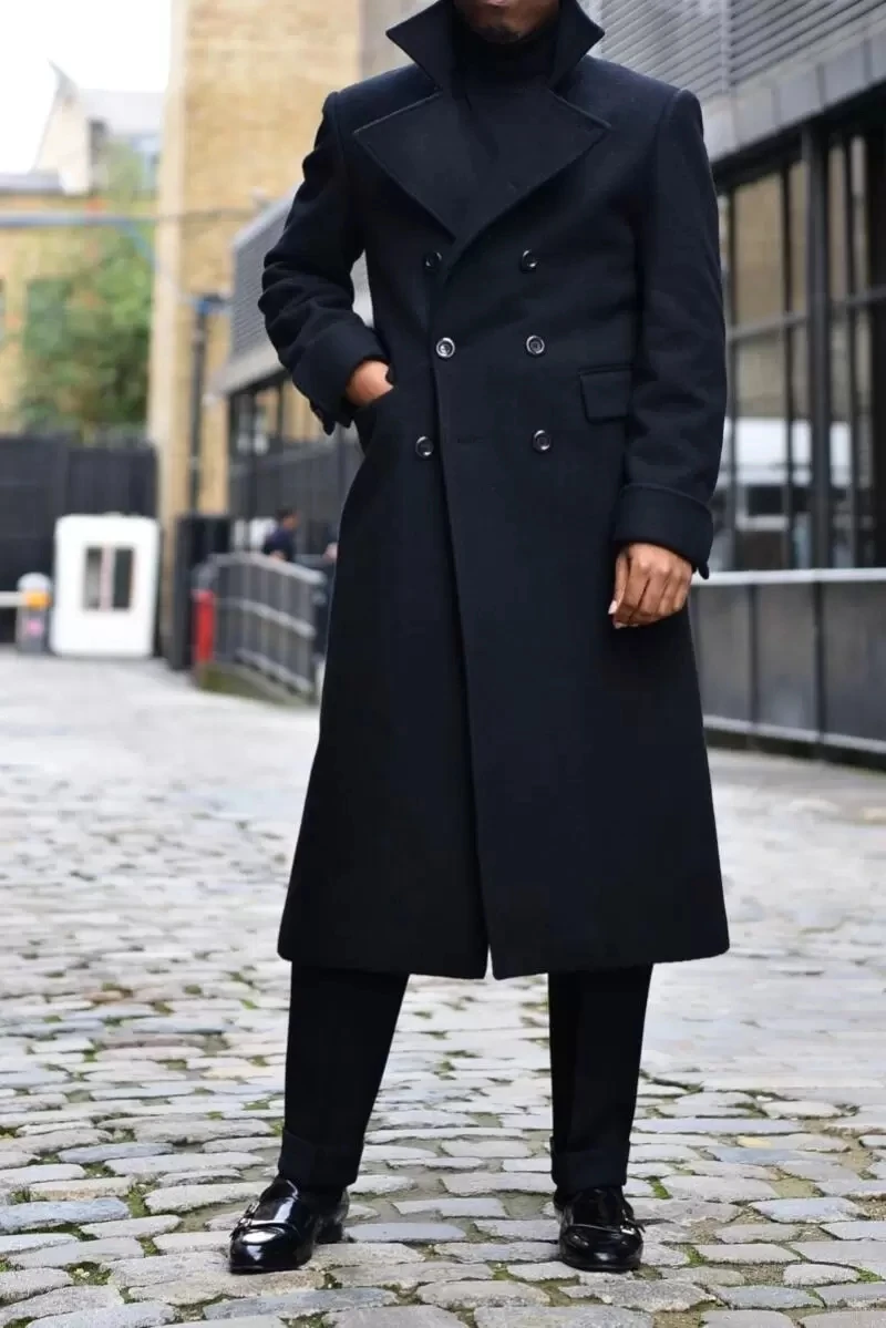 Black Men Suit Overcoat Long Winter Woolen Jacket Formal Double Breasted Thick Custom Made King Coat Office Business Outfit