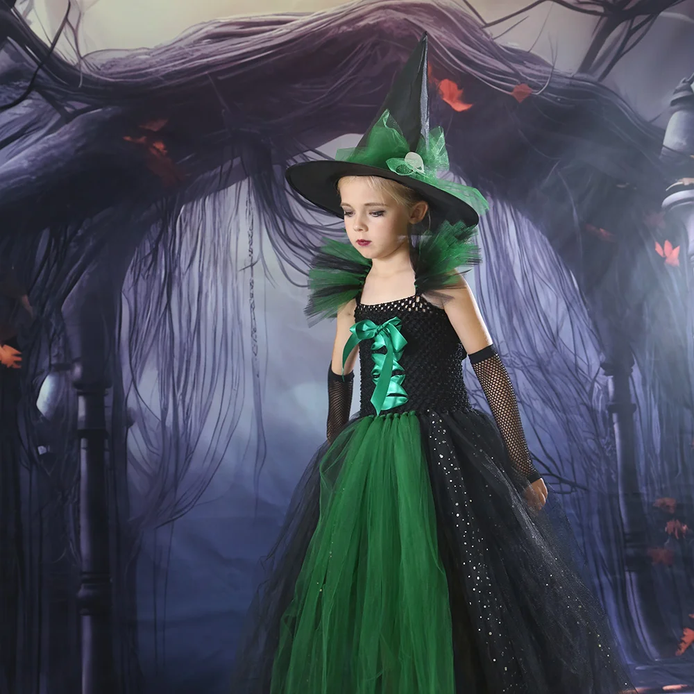 Trendy Halloween Costume for Kids Girls Witch Dress Fancy Dress Up Children Cosplay Gothic Deluxe Witch Tutu Dress Hat Broom Set