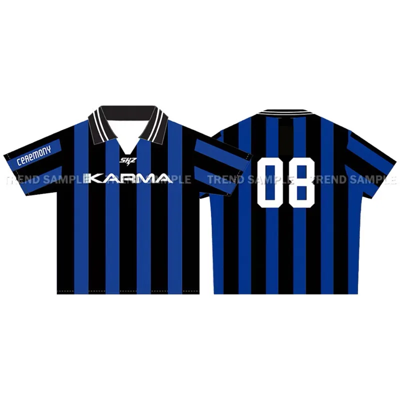 

KPOP Blue Striped Korean T-shirt Letter Digital Print Casual Top V-neck Sporty Short Sleeve Tee Oversize Trend Couple Polo Shirt