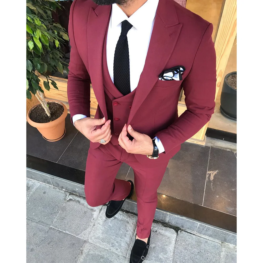 

Suits Men For Wedding Blazer Red Jacket Pants Vest Three Piece Single Breasted Peaked Lapel Fashion Regular Slim Fit Hombre 2023