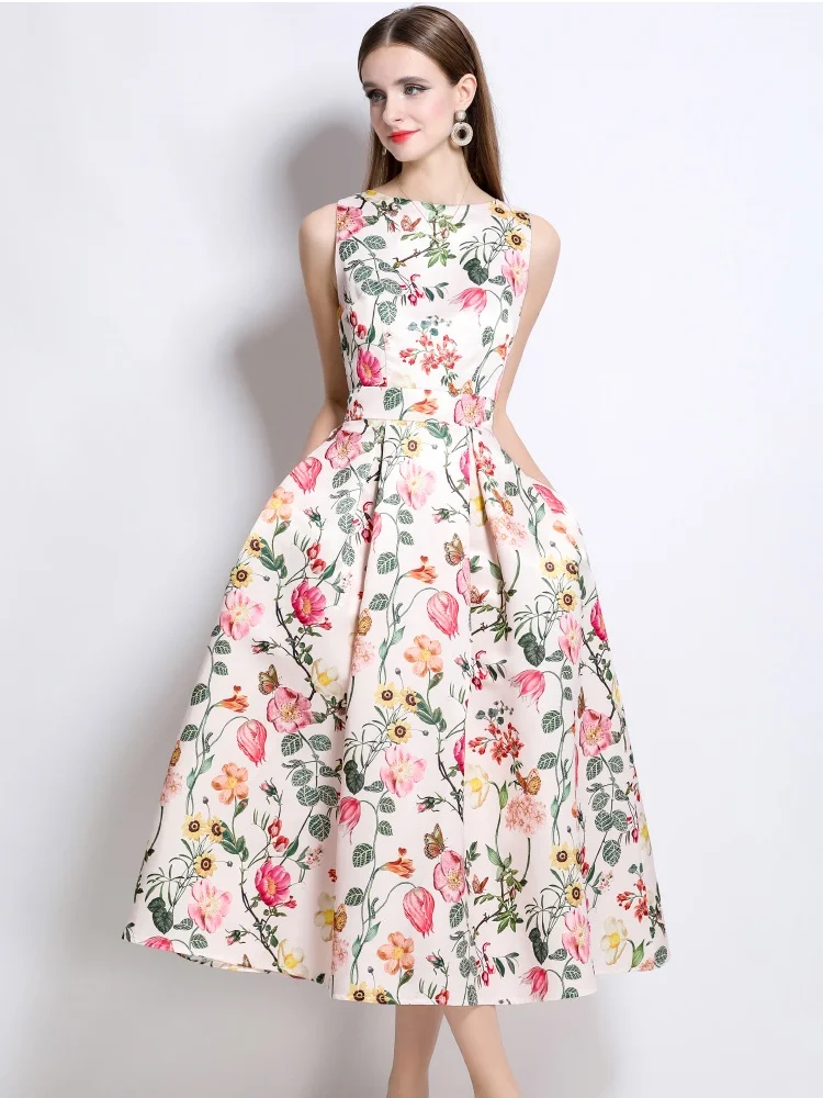 New Fashion Women Dresses 2025 Summer Sleeveless Party Dress Print A Line Maxi Long Vestidos Office Woman Sundress Robe Femme