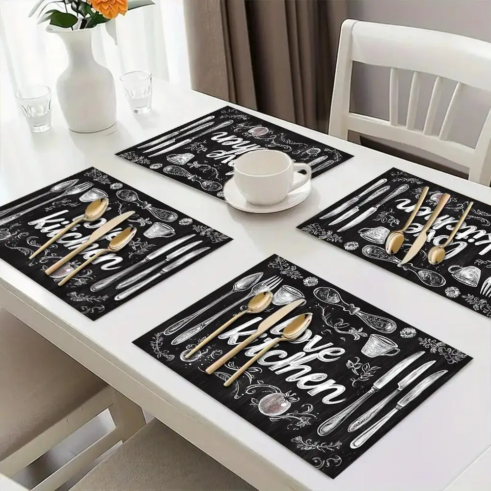 VIKAMA Kitchen Quote Black White Square Placemat Non Slip Waterproof Heat Resistant Dining Table Mat for Holiday Party Decor