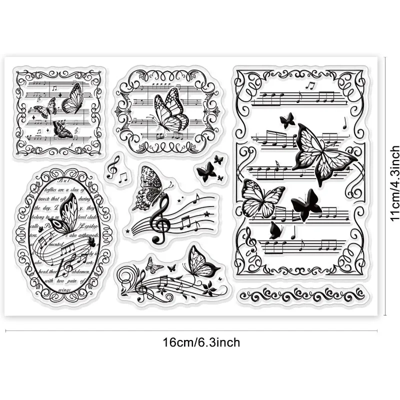 1Sheet Butterfly Clear Stamps Music Note Silicone Rubber Stamp Film Frame Transparent Seal Stamps for Wedding Party Invitation