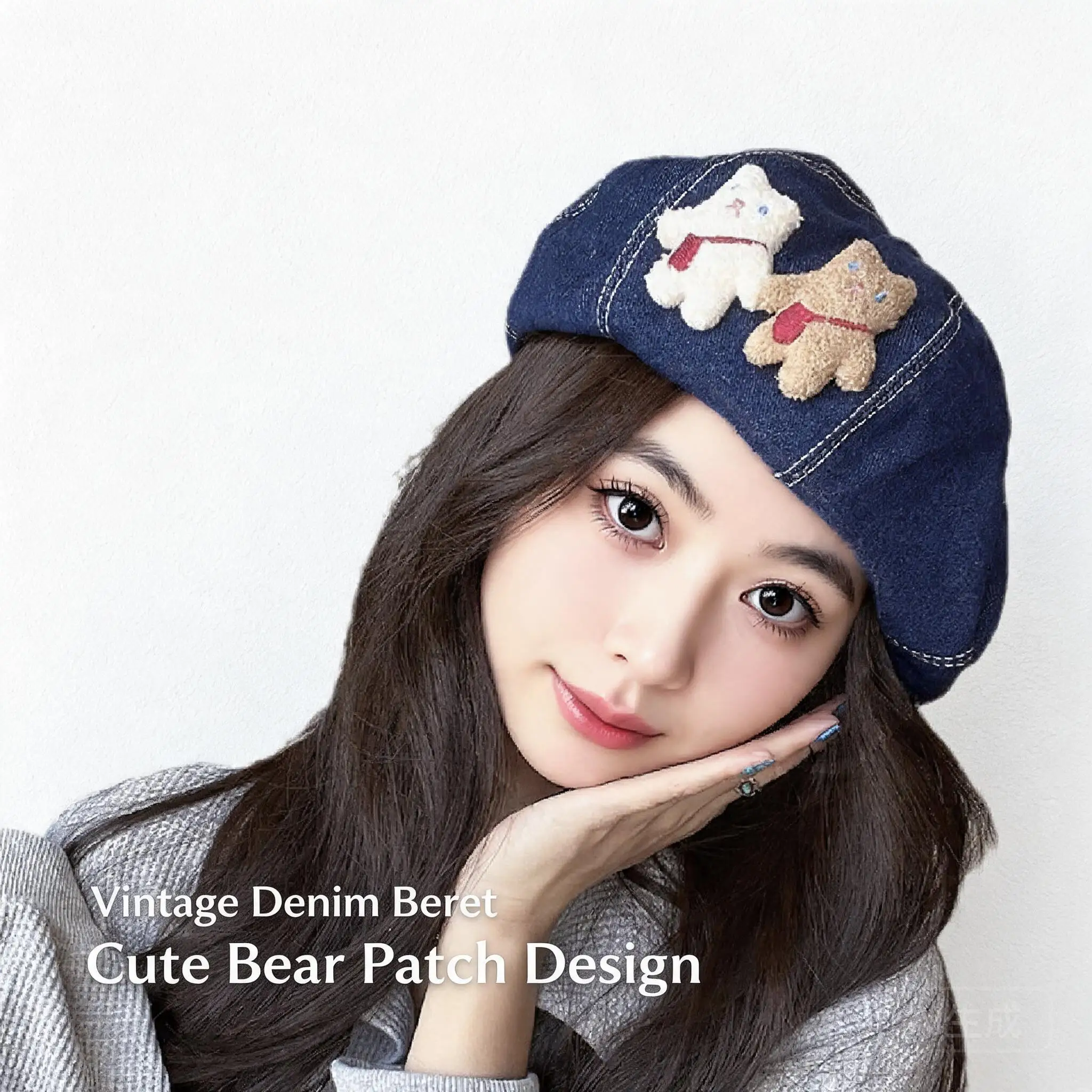 Cute Cartoon Bear Decor Denim Beret Hat Japanese Sweet Style Color Block 100% Polyester Light Dark Navy Blue Adult Size 55-58cm