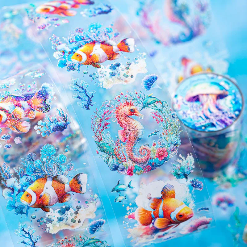 1 Roll Undersea Romance Series Tape, Ocean Thematic Galaxy Shimmer Decorative Tape for Journal Scrapbooking Supplies