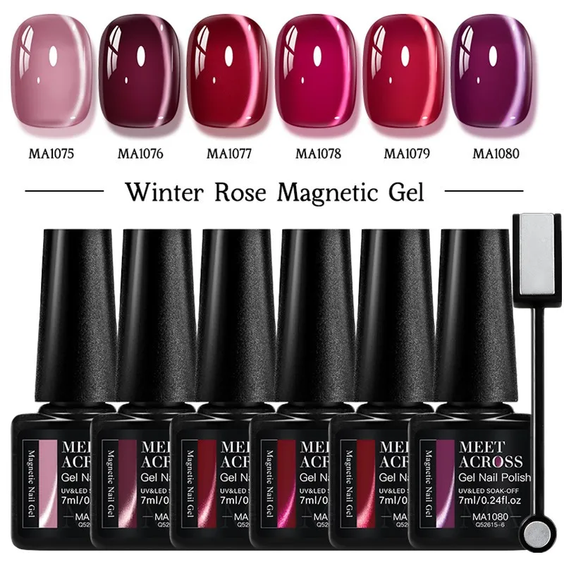 7pcs Red Winter Rose Cat Magnetic Gel Nail Polish Set Glass Beads Magnetic Semi Permanent Soak Off UV Gel Varnish For Valentine